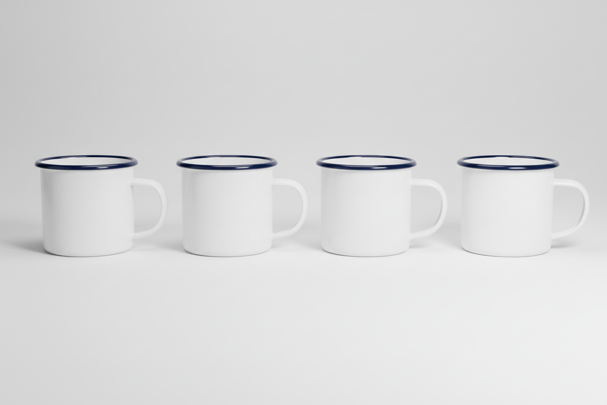 4 Emaille-Tassen nebeneinander