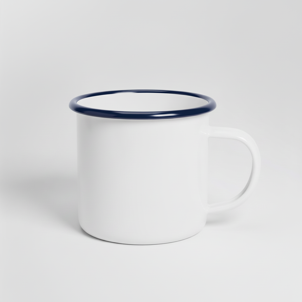 Emaille-Tasse mit dunkelblauem Rand